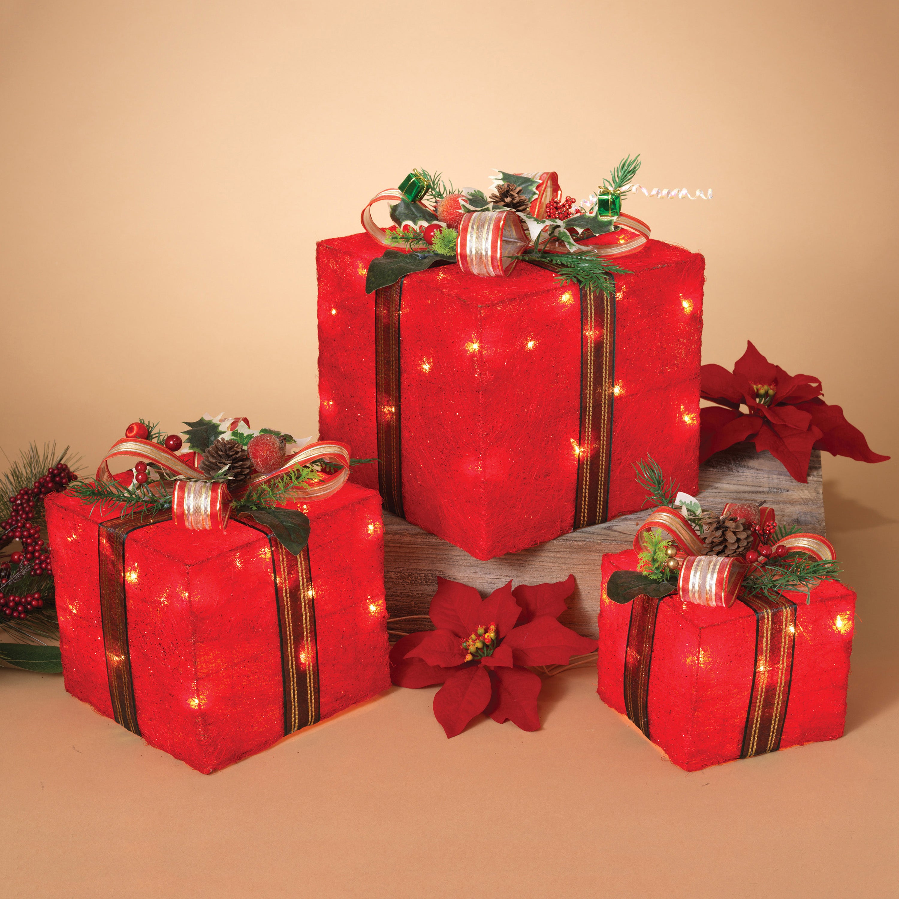 Illuminated Electric Holiday Sisal Gift Boxes, Set of 3